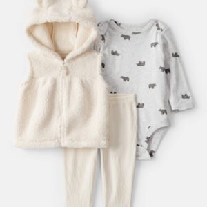 Baby Girl 3-Piece Bear Print Sleeveless Jacket, Bodysuit & Pant Set - White 9meses y 24meses