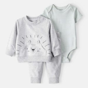 Baby Boy 3-Piece Lion Little Pullover Set - Grey/Green 18m y 24m