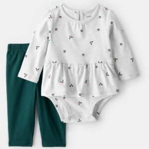 Baby Girl 2-Piece Bow Print Bodysuit & Pant Set - Grey 3m