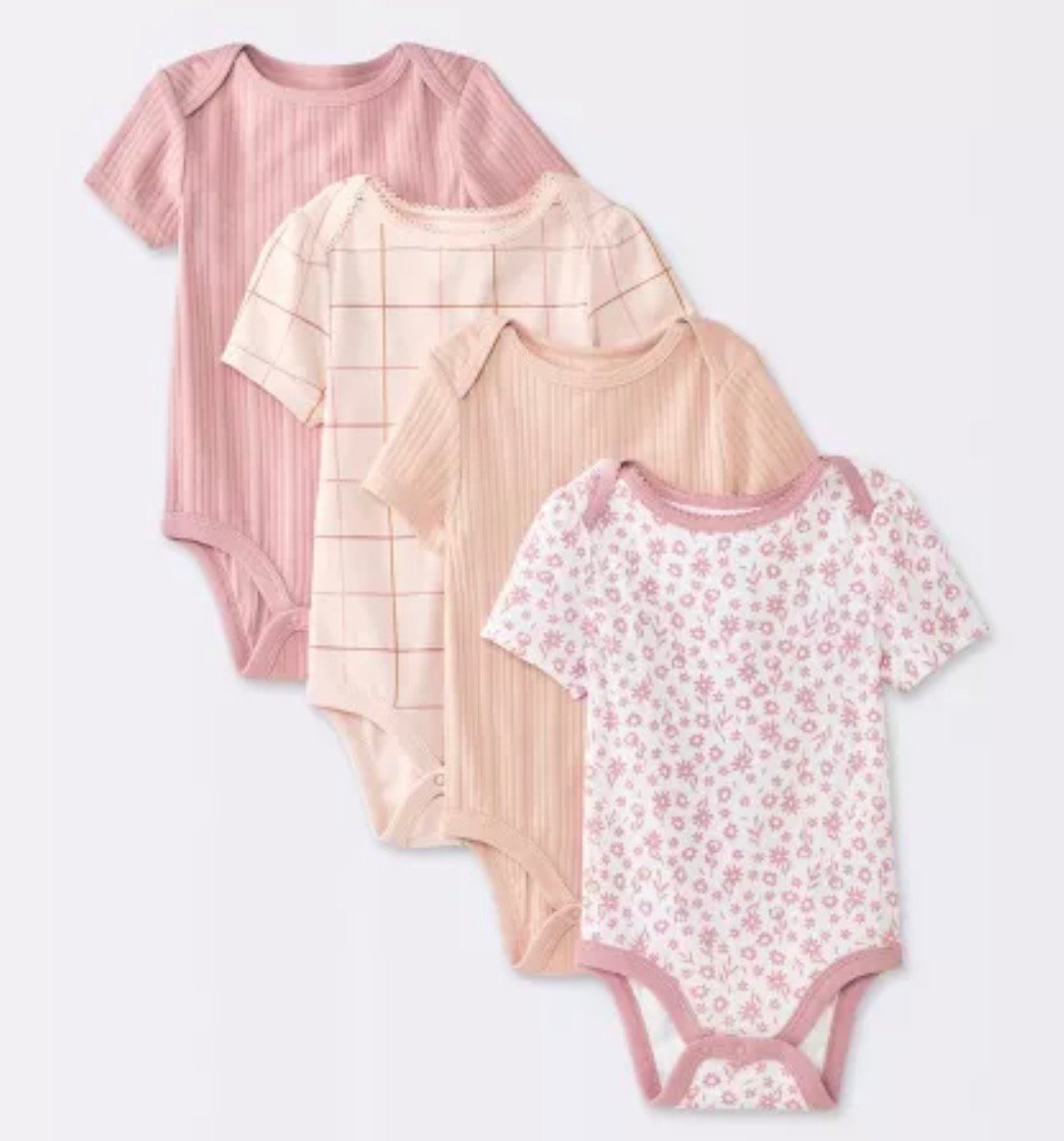 Bodysuits Bebé Niña Cloud Island 4-Pack Floral Manga Corta, Colores Peach/Rosa, Tallas 3-6M y 12M