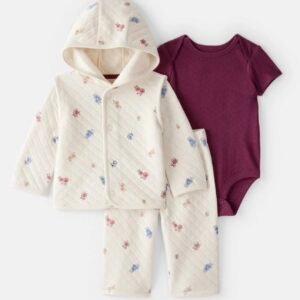 Carter's  Baby Girl 3-Piece Floral Quilted Jacket Outfit Set - Maroon/Cream 18m y 24m
