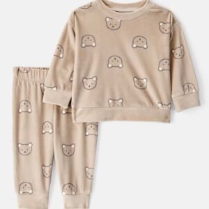 Carter's  Baby Boy 2-Piece Bear Print Velour Sweatshirt & Pant Set - Brown 6m