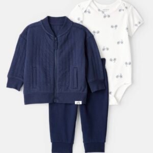 Carter's  Baby Boy 3-Piece Bicycle Quilted Jacket Outfit Set - Navy 0-3m