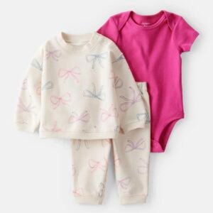 Baby 3-Piece Bow Print Set 24M – Conjunto Bebé Rosa/Marfil  + Pantalón