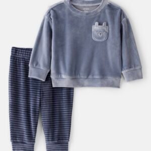 Baby Boy 2-Piece Bear Velour Sweatshirt & Jogger Set - Blue 6m